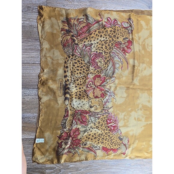 Salvatore Ferragamo Silk Scar Leopard Floral Brown Rectangle Scarf Rolled Hem - Picture 5 of 13